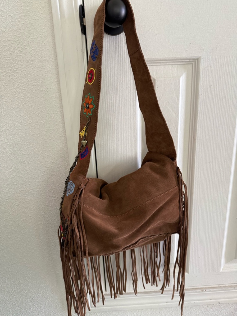 Francesco Biasia Brown Suede Fringe Shoulder Bag with Embroidered Strap - Picture 8 of 8